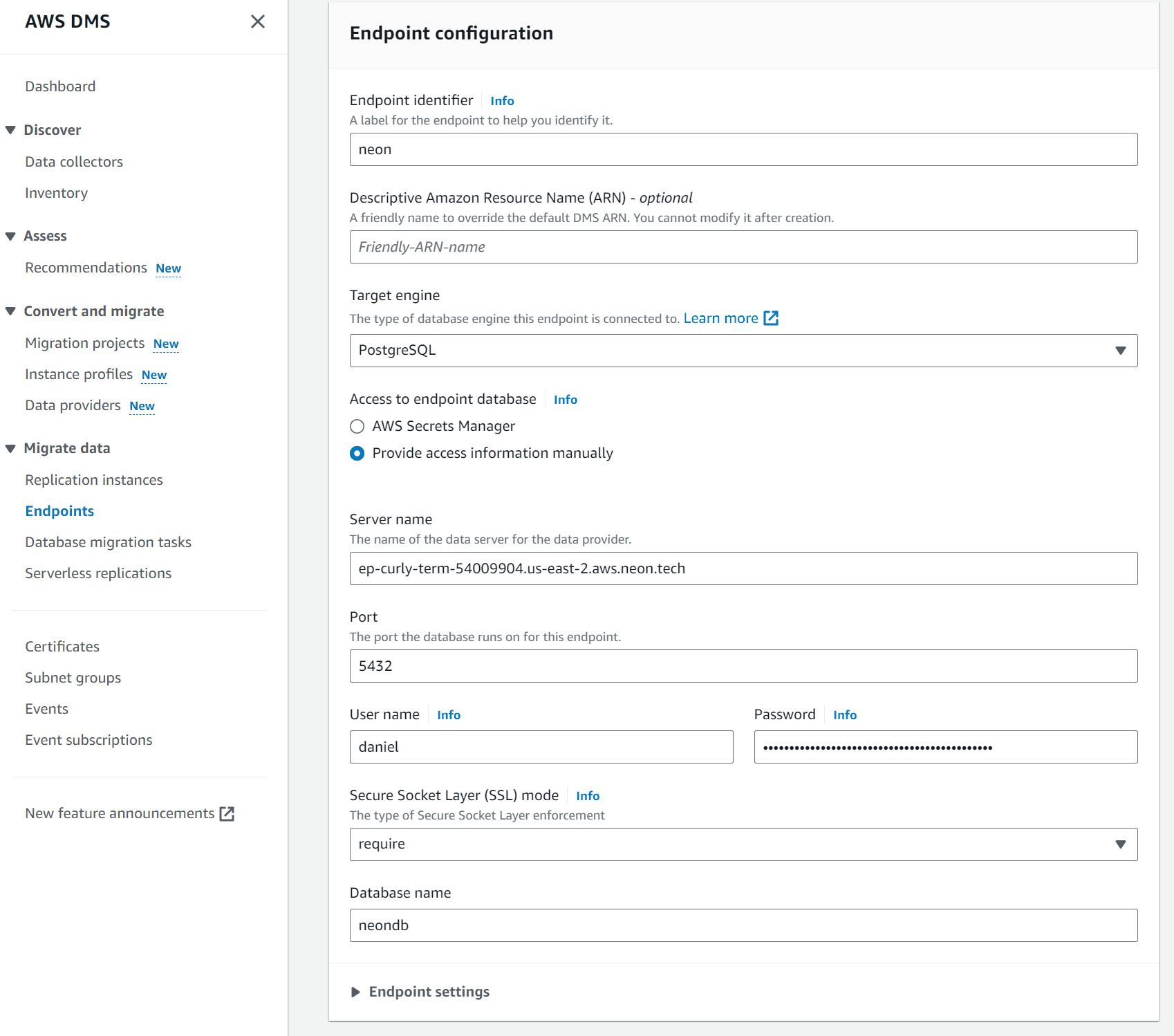 Endpoint configuration dialog